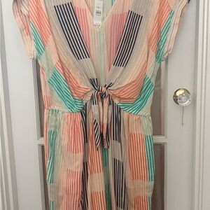 Lou & Grey Striped V-Neck Dress in Coral, Teal & Navy